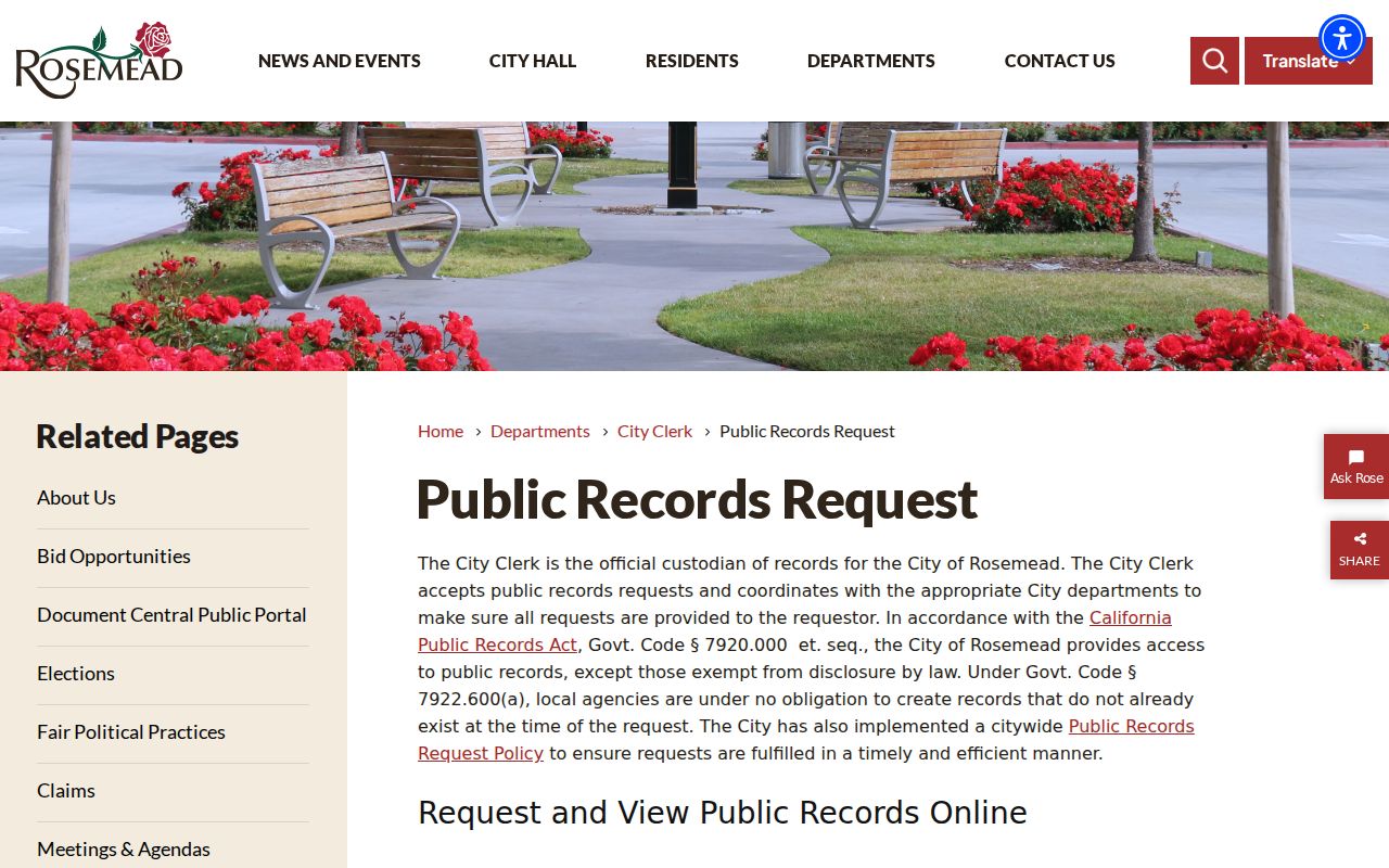 Rosemead people search access through the City Clerk records request page